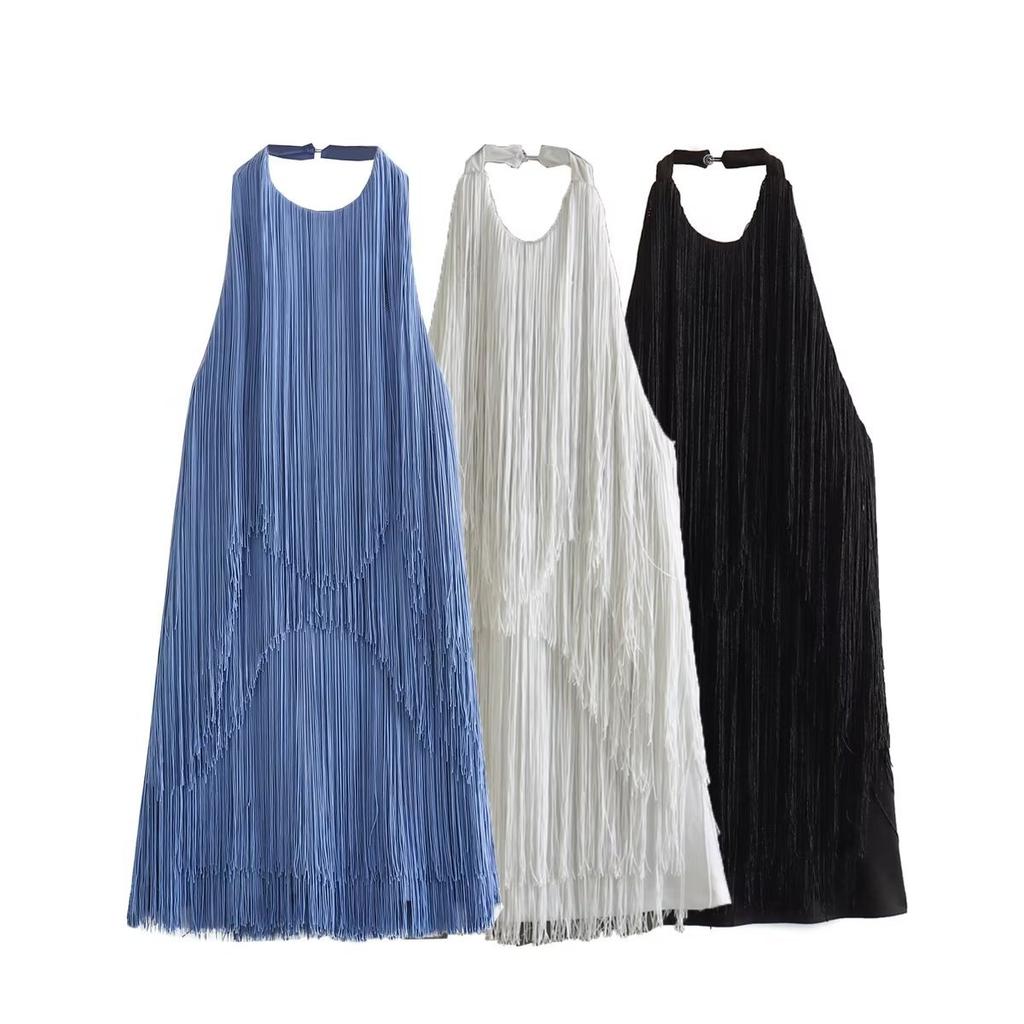 Summer Fashion Halter Neck Sleeveless Fringe Dress Women's Elegant Bodycon Mini Dress