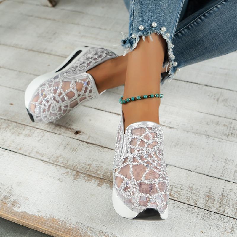 Summer new casual single shoes slope heel thick sole foot cover single shoes mesh breathable sequins large size mesh women's shoes