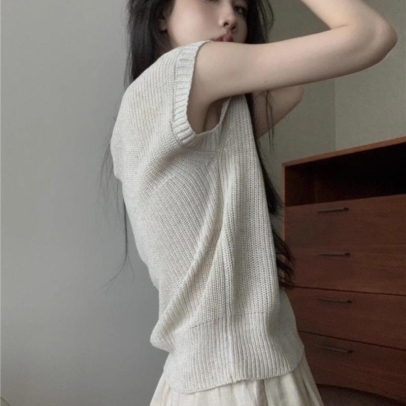 Ice Silk Knitted Shoulder Short Sleeved T-shirt for Women's Summer Design French Slim Fit and Slimming Sleeveless Thin Top