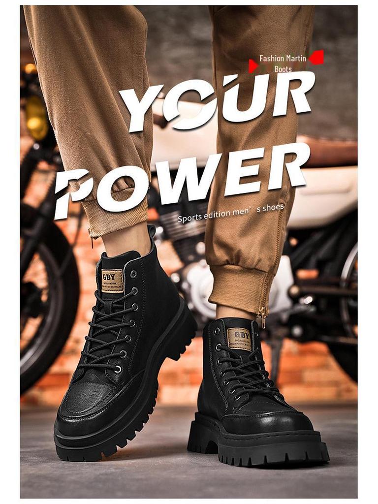 Men's Black High-Top Leather Motorcycle Boots - Waterproof, British Style, Perfect for Autumn Work Wear