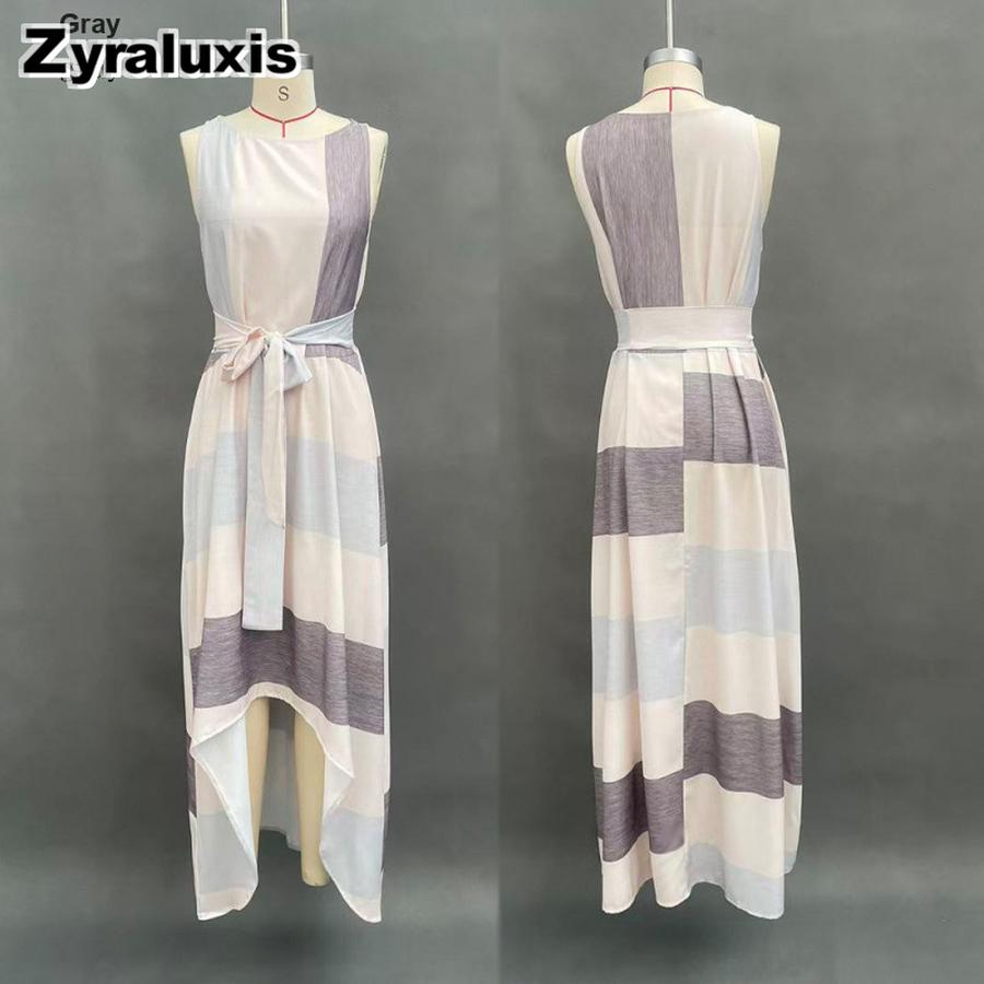 Women s Striped Fashion Dress Elegant Graceful Long Sleeve Tie Waist Dress S серый