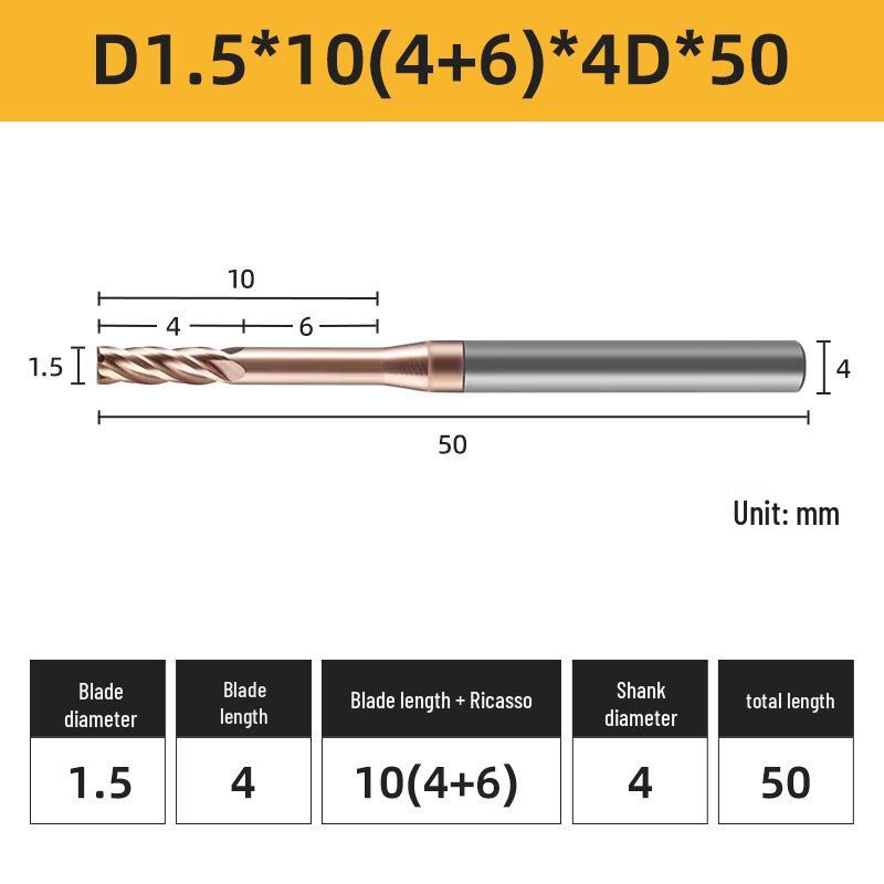 55° 4-Flute Carbide Coated Steel Flat-Bottom Deep-Groove CNC Milling Cutter with Blade Length and Clearance Combo