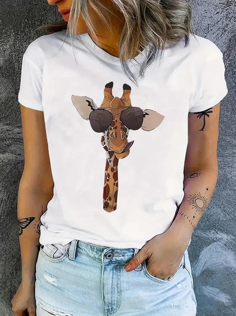 Fashion Giraffe Head Print Women Tshirt Short Sleeve Retro Crew Neck Casual Top Summer Spring Women Breathable Harajuku Clothes
