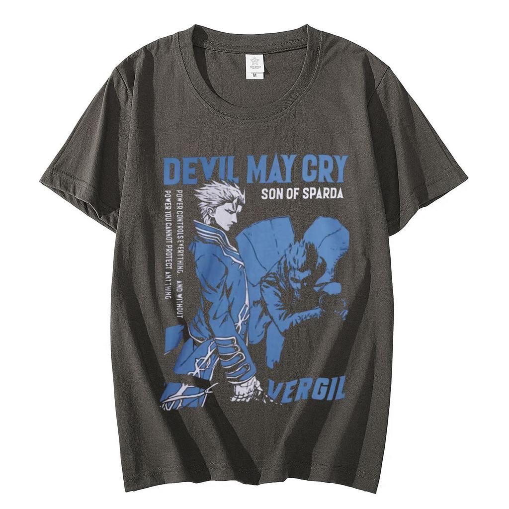 T-shirt à manches courtes, style vintage, surdimensionné, unisexe, décontracté, en coton, style streetwear, avec imprimé Devil May Cry