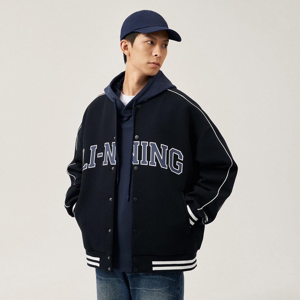 Li-Ning Loose Letter Cardigan Long Sleeve American Style Retro Casual Versatile Baseball Jacket Men Jacket Black AWDUF67-6