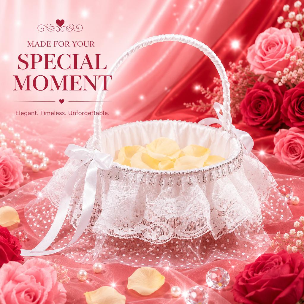 White Satin Flower Girl Basket with Polka Dot Tulle, Floral Lace Skirt, Teardrop Rhinestone Fringe and Satin Ribbon Bows
