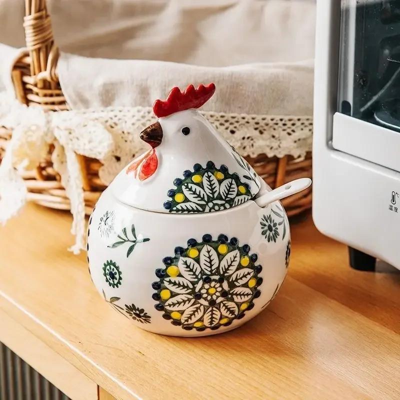 Ceramic Seasoning Pot Rooster Style Kitchen Household High-end Moistureproof Seasoning Salt Box Spicy Pot with Lid with Spoon