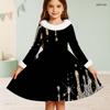 Girls Black Printed High Neck Long Sleeve A Line Flared Dress With White Fur Trim