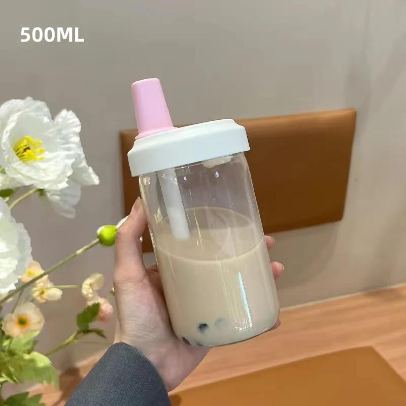 

500/850ml Large Capacity Water Bottles Milk Juice Glass Cup with Lid Straw Bubble Tea Coffee Cups Drinkware Transparent 500-1000ml