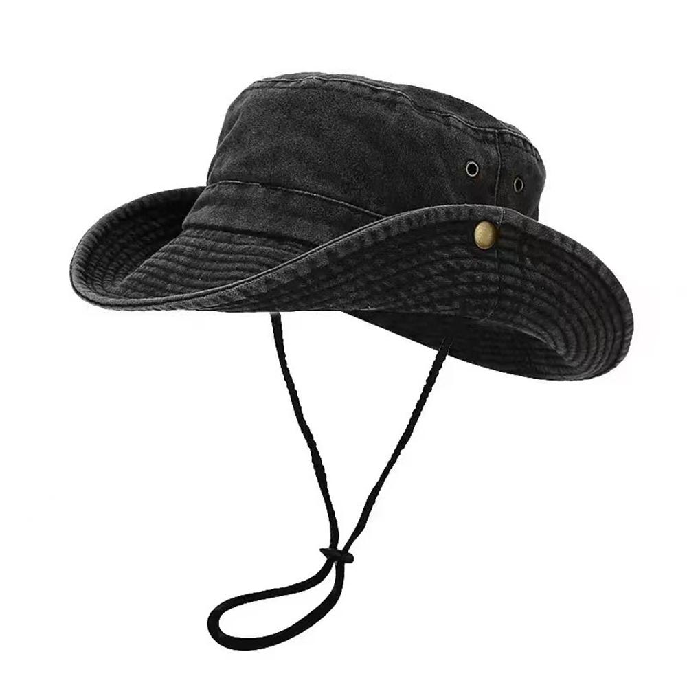 Vintage gewaschene Baumwolle Fischerhut für Herren Damen Sommer Freizeit Sonnenschutzhut Outdoor Reise Eimerhüte Breiter Rand Fischerhut Schirmmütze black