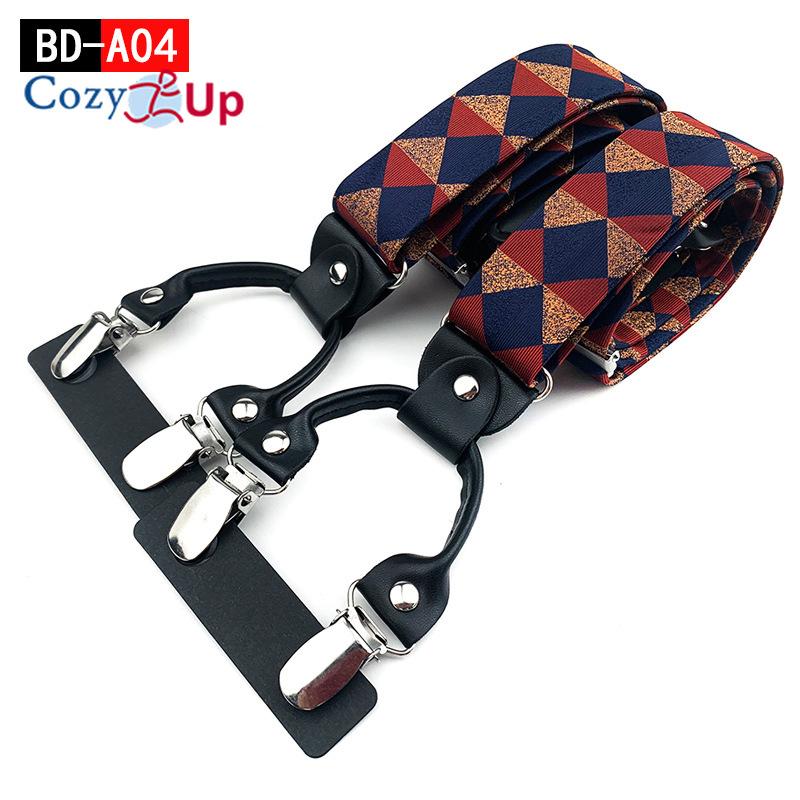 Suspensórios masculinos adultos em forma de Y com 6 clipes em tecido jacquard de couro com alça traseira elástica ajustável com ganchos giratórios e tiras elásticas nas costas em Y
