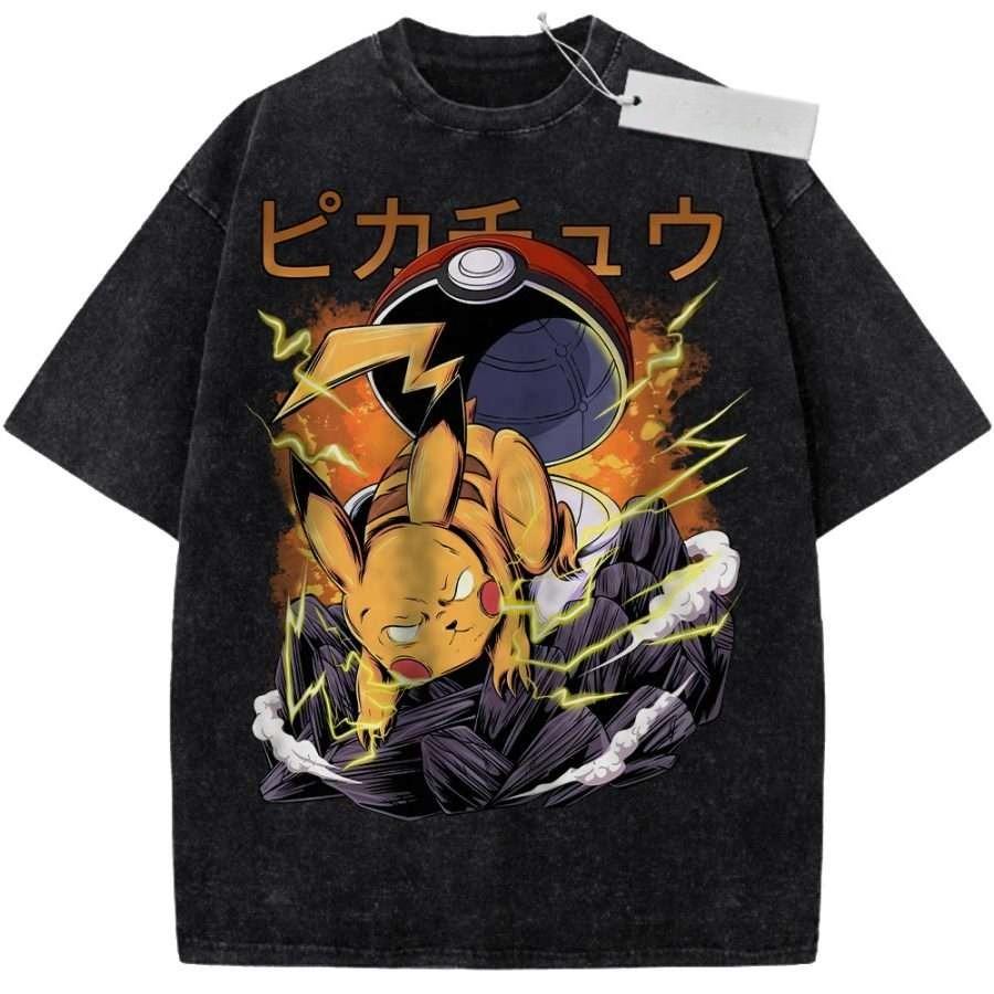 Unisex Black Washed Vintage T Shirt Pokemon Pikachu Thunder Ball Breakthrough High Quality Fabric for Casual Shopping