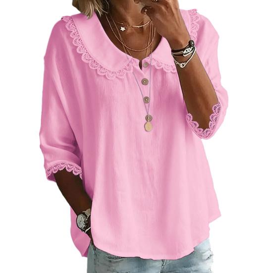 Women Shirt Loose Fit Three-Quarter Sleeve Blouse with Lace Neckline Cuffs Button S розовый