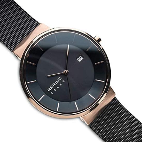 BERING Solar Homme et Femme (Unisexe) Bracelet en maille d'acier inoxydable noir x or rose, verre saphir 16439-166, produit importé authentique, garantie de 3 ans