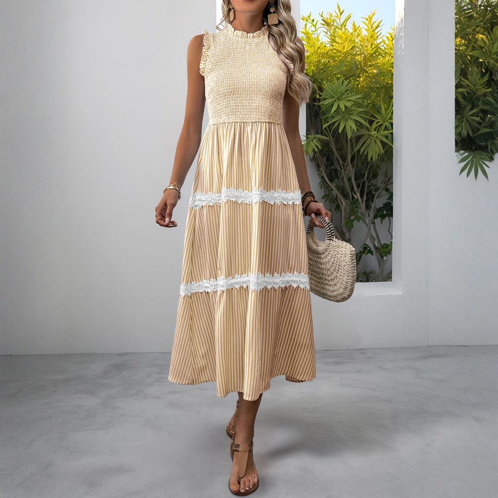 Sleeveless Women's Dress Casual Flowy A-Line Midi Tshirt Dresses With Pockets Crewneck Vocation Boho Beach Sundress