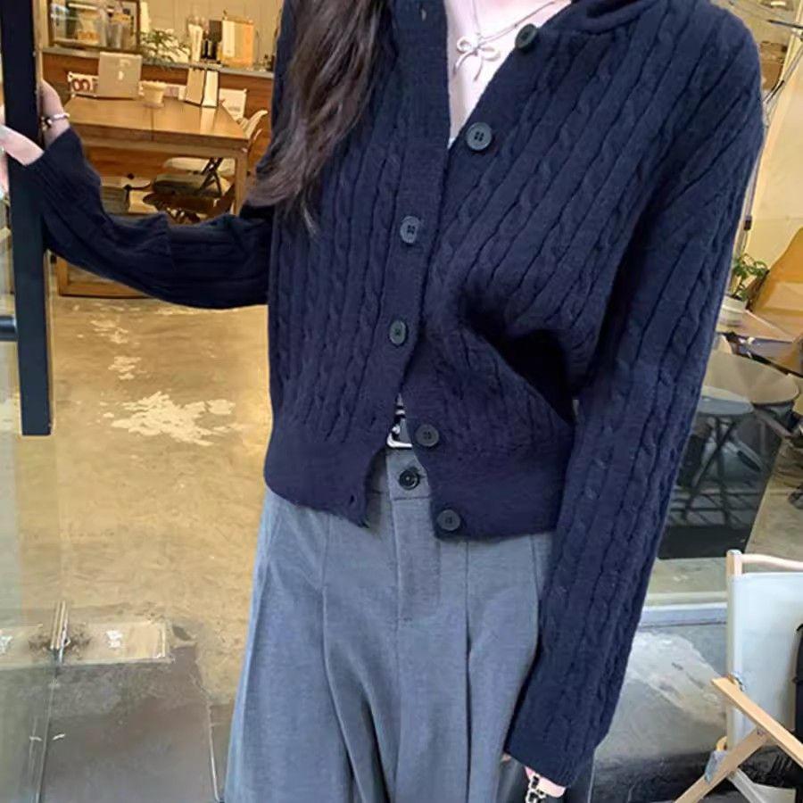 Korean Hooded Cable Knit Cardigan for Women - 2025 Autumn Collection, Button Sweater Coat, Versatile and Stylish.