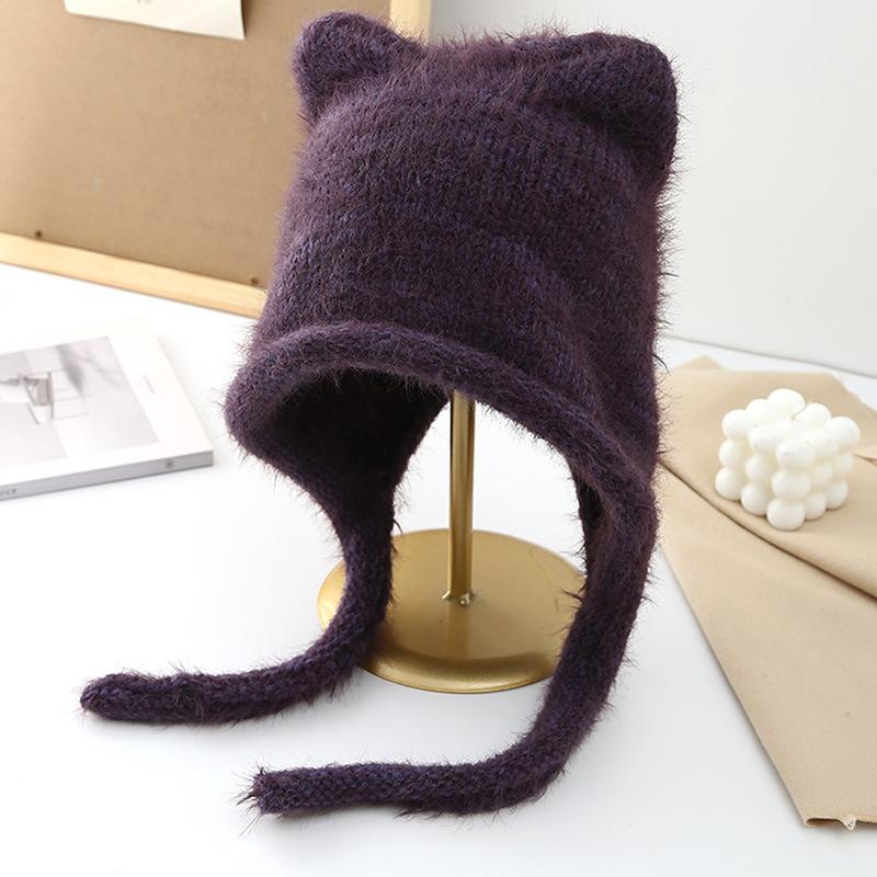 New Rope Cute Cat Ears Knitted Hat Autumn and Winter Warm Ear Protection Hat Fashionable Face Small Wool Hat