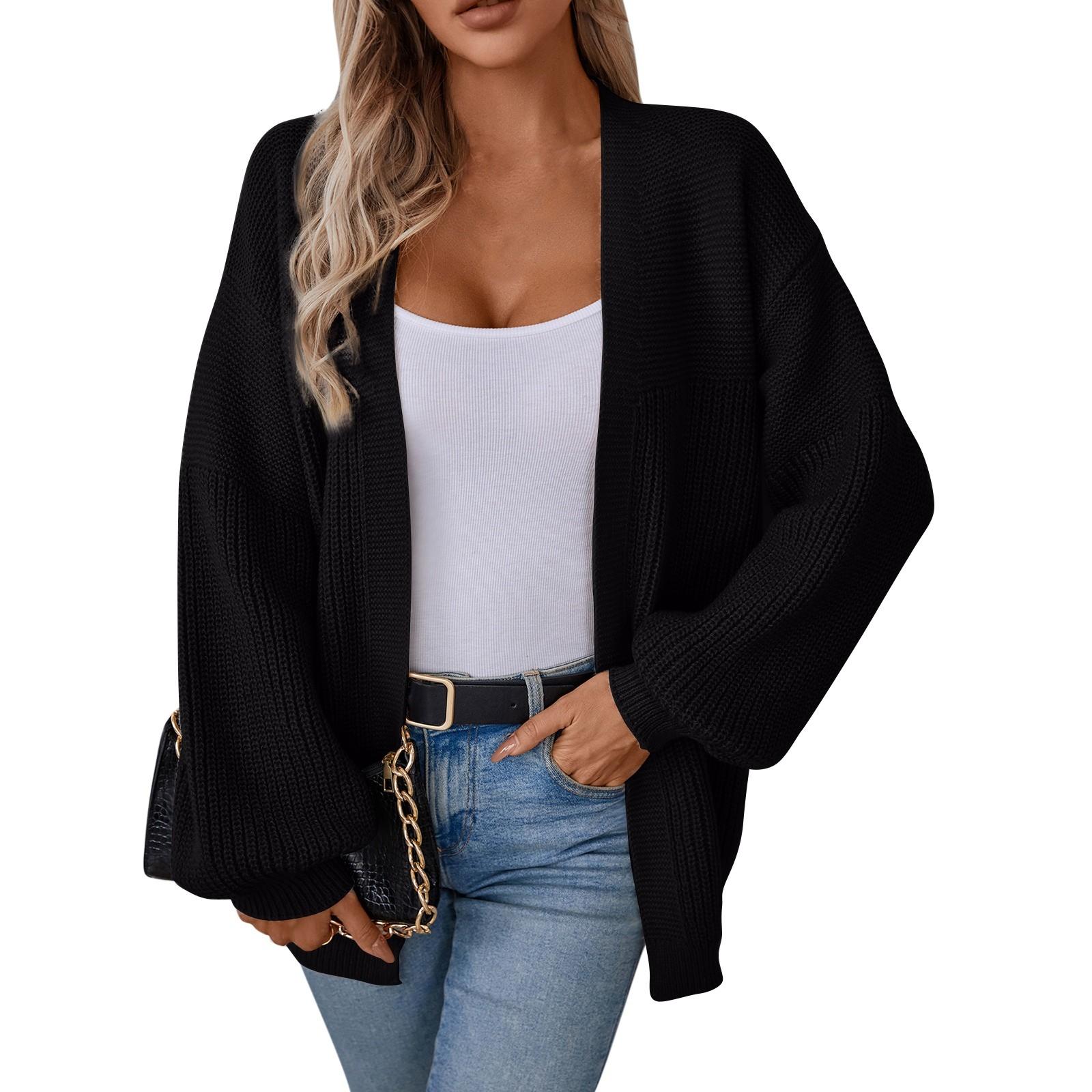 

Женская мода повседневный трикотажный однотонный кардиган с капюшоном свитер пальто L чёрный