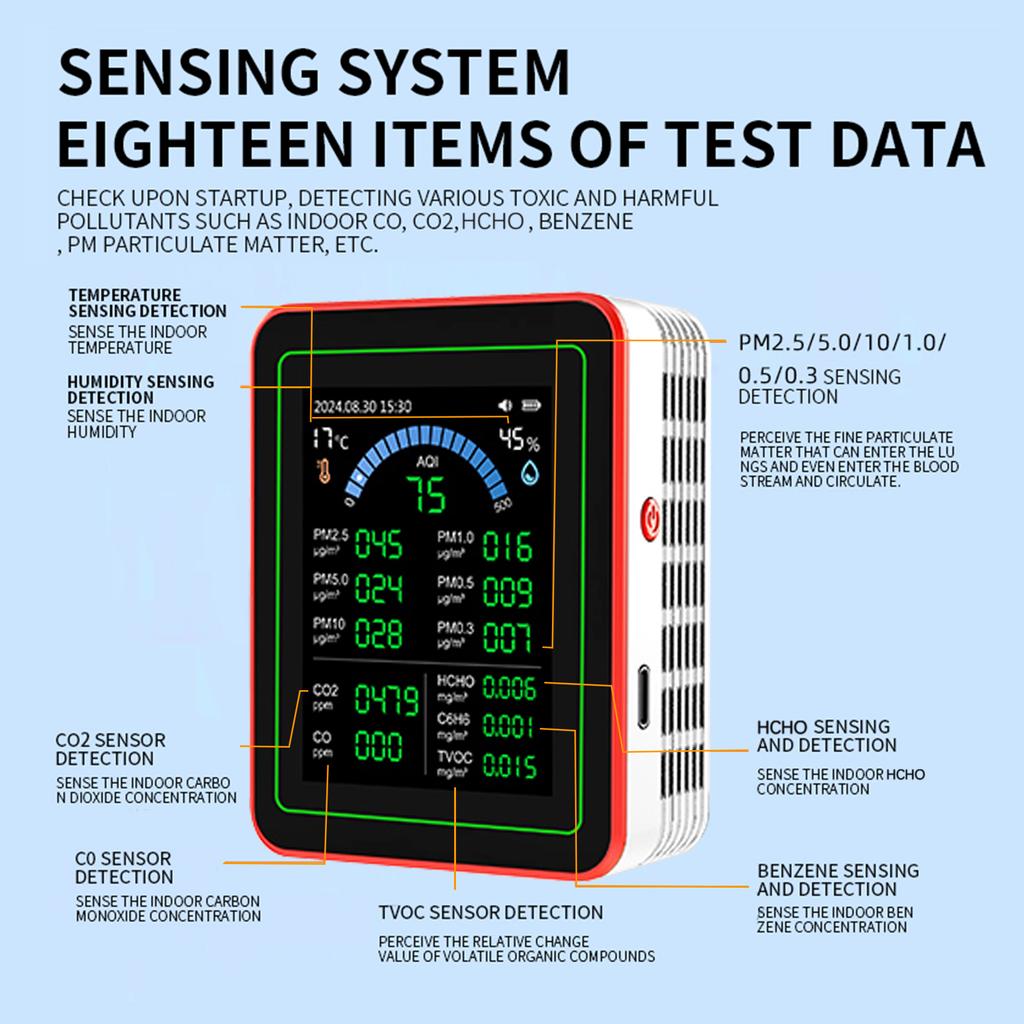 18 in 1 HCHO Meter, Temperature and Humidity Meter with Color Screen for Home Office, Detect Indoor