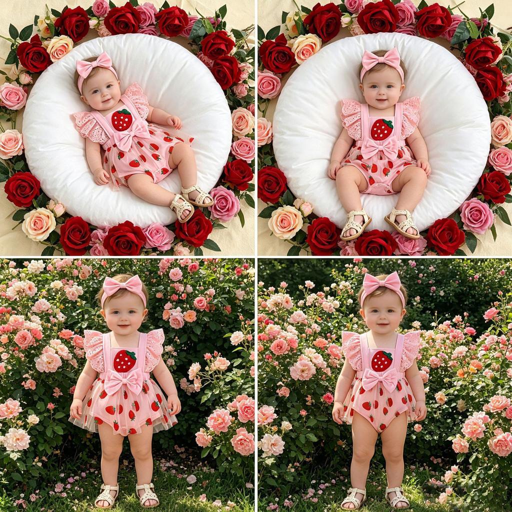 Sweet Baby Girl Fruit Flower Mesh Patchwork Dress with Lace Trim, Bowknot, Harem Skirt, and Hair Tie.