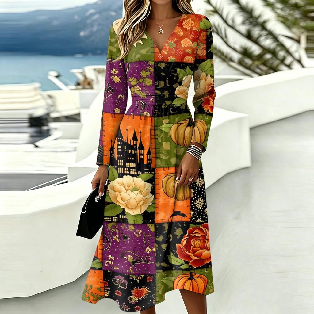 Women's Halloween Print V-Neck Long Sleeve Dress with Pockets for Casual Everyday Wear