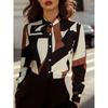 Women's Abstract Geometric Print Stand Collar Button Down Long Sleeve Satin Blouse