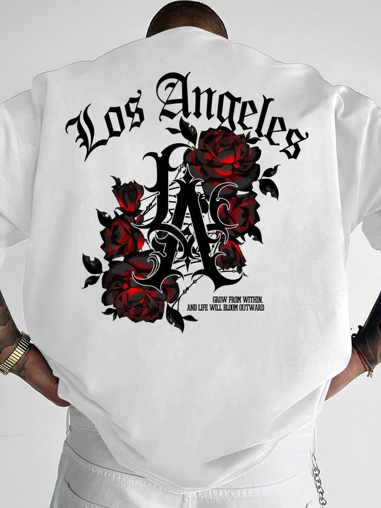 2026 Men's Gothic Streetwear T-Shirt Los Angeles LA & Red Rose Graphic Print Crew Neck Short Sl
