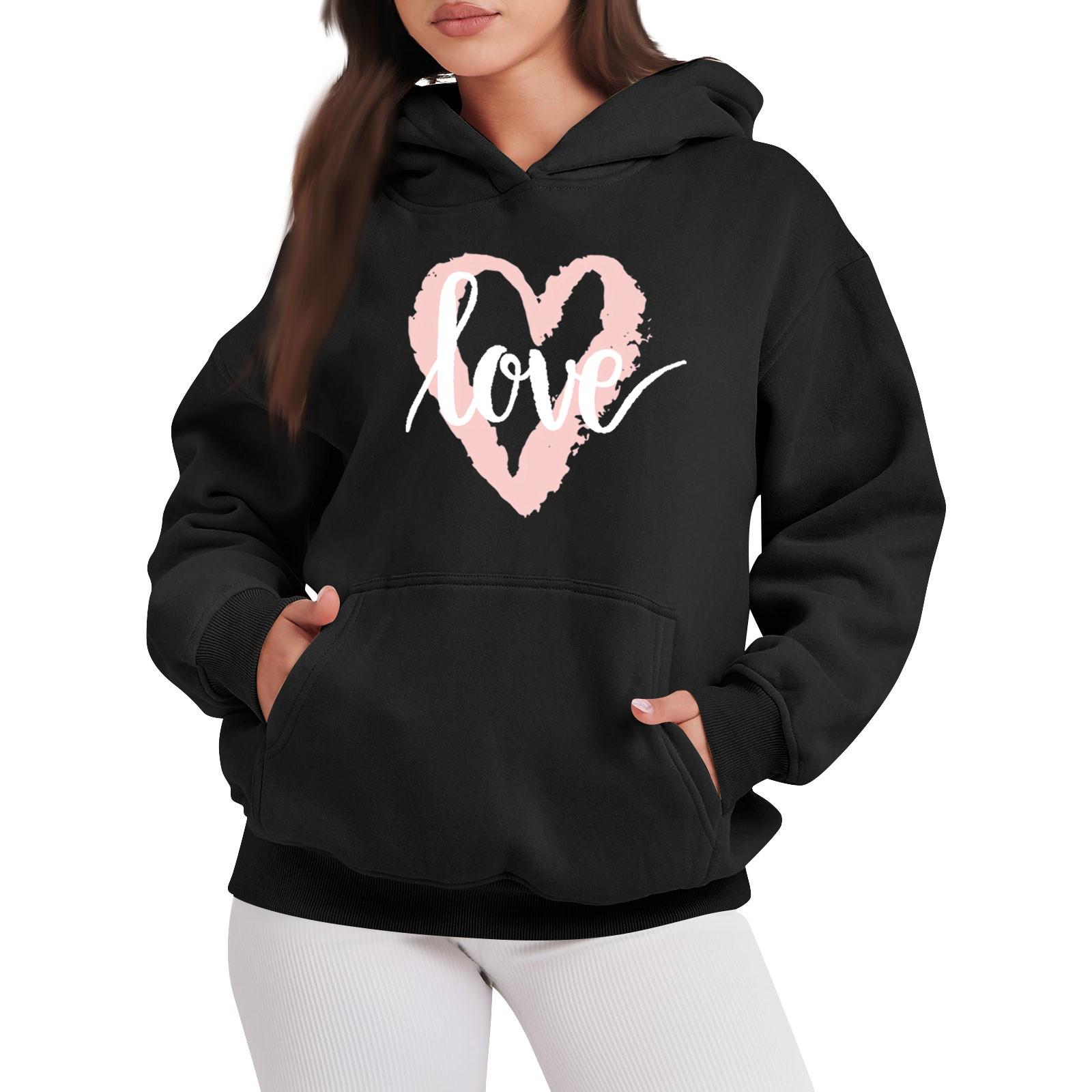 LOVE Женская модная повседневная толстовка с капюшоном с принтом ко Дню святого Валентина, с длинными рукавами L чёрный