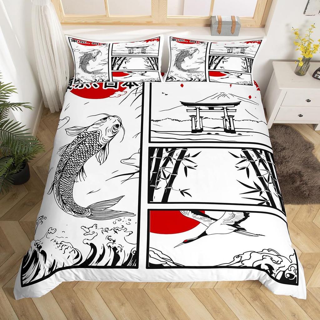 Japanese Samurai Duvet Cover Pillowcase 3D Pattern Sakura Mount Fuji Bedding Set Adult Bedroom Decoration Single Double Large