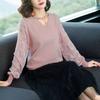 Korean Fashion Spring Sweaters Women's V-Neck Printing Patchwork Hollow Out Elegant All-match Loose Long Sleeve Knitting Tops