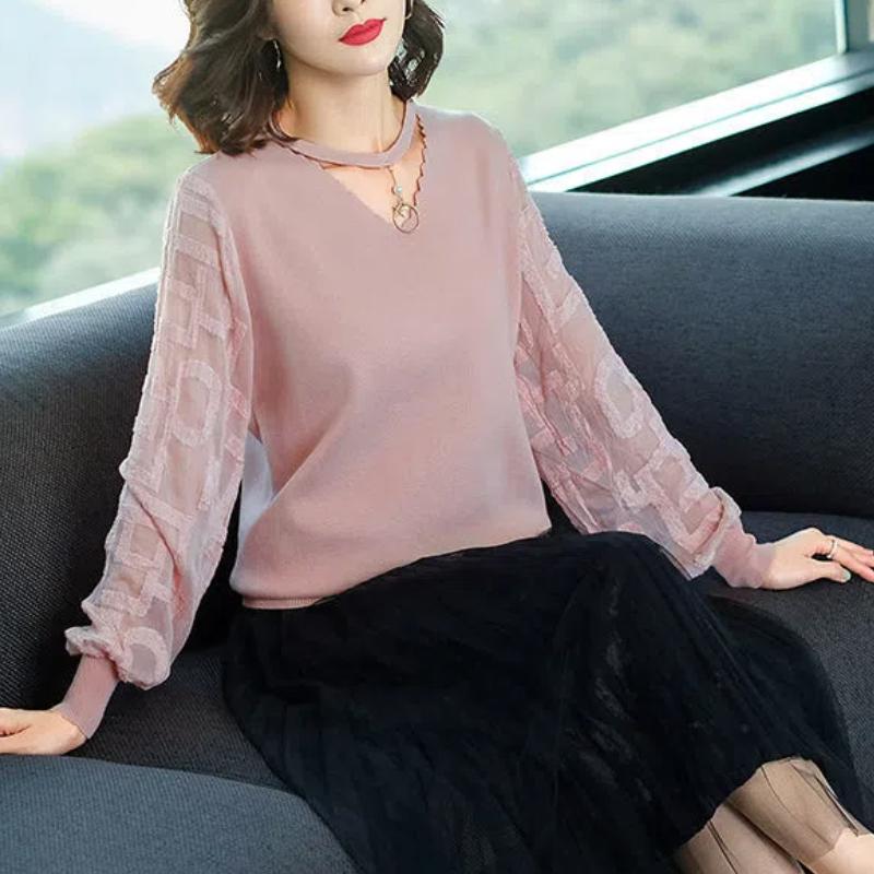 Korean Fashion Spring Sweaters Women's V-Neck Printing Patchwork Hollow Out Elegant All-match Loose Long Sleeve Knitting Tops