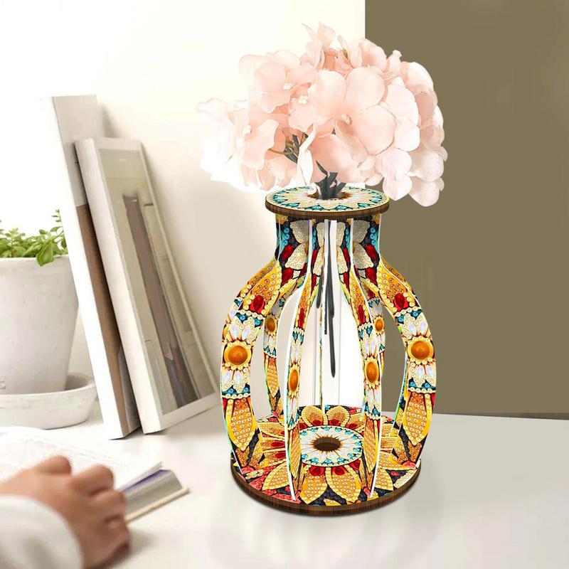 Single Flower Vase Gem Paintings Set Handmade Wooden Colorful Desktop Ornaments for Adults Holiday Art Crafts Home