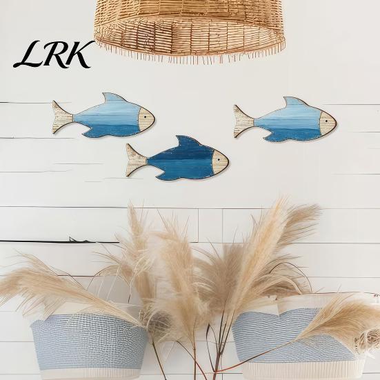 Nautical Home Decor 3Pcs Rustic Wooden Fish Wall Decor, Coastal Hanging Art, Handcrafted Sculptures Mediterranean Beach Themed Decoration for Bathroom