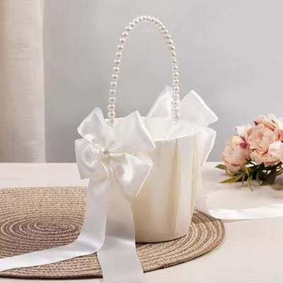 1pc-Elegant Wedding Flower Girl Basket, White Cute Flower Basket for Party and Wedding Decoration
