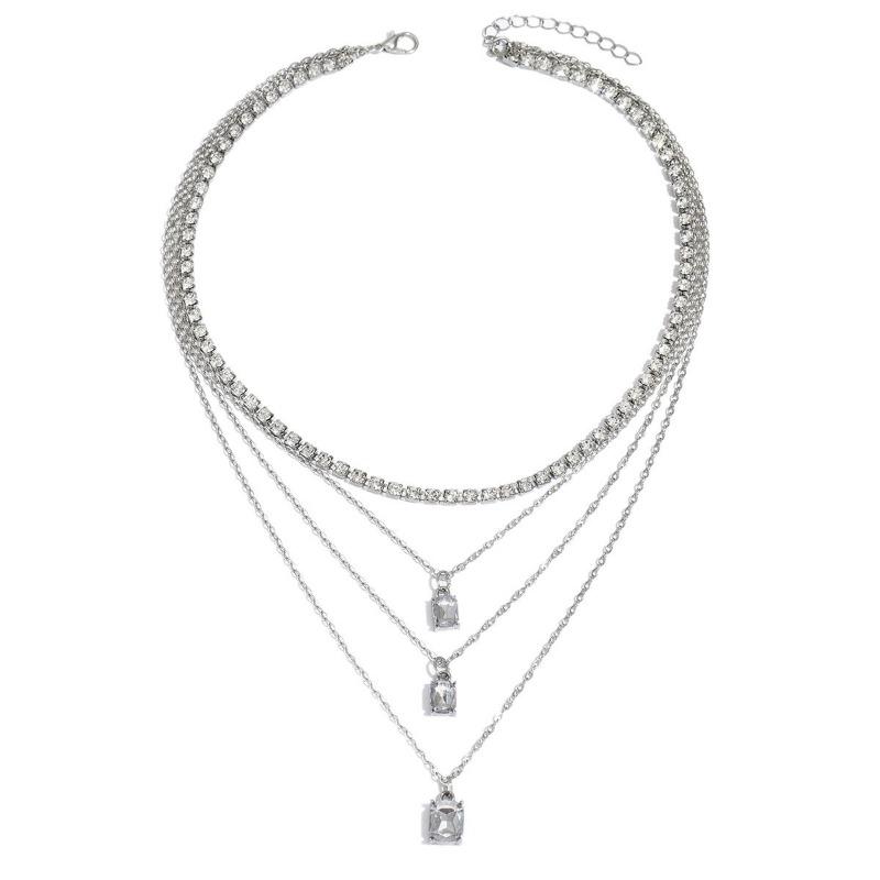 Square Rhinestone Pendant, Personalized Multi-layer Necklace, Light Luxury and High-end Sense, Full Diamond Chain Necklace, Necklace Jewelry for Women