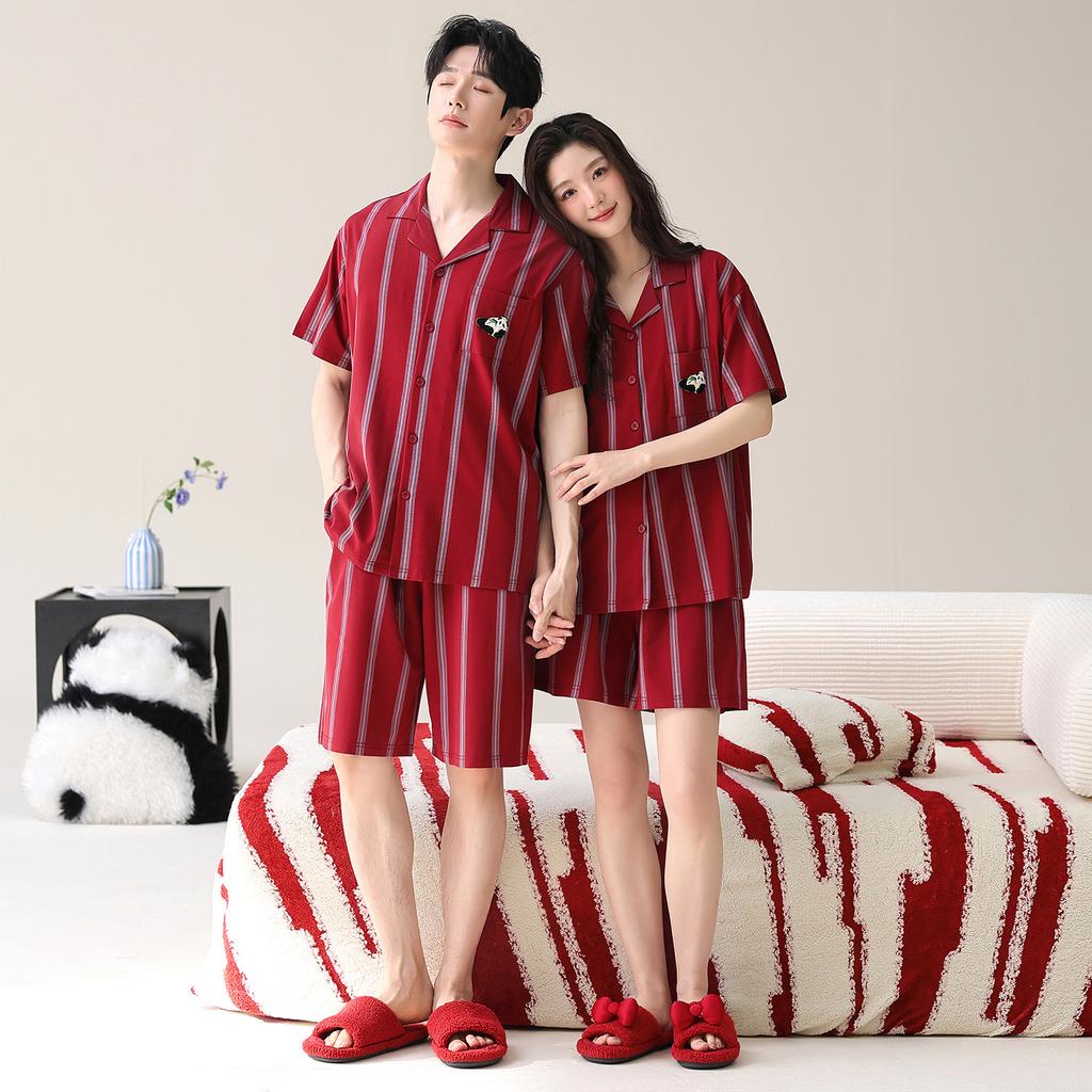 Red Couple Pajamas Spring and Summer Women's Natal Year Striped Short-sleeved Shorts Festive Wedding Men's Loungewear Suit