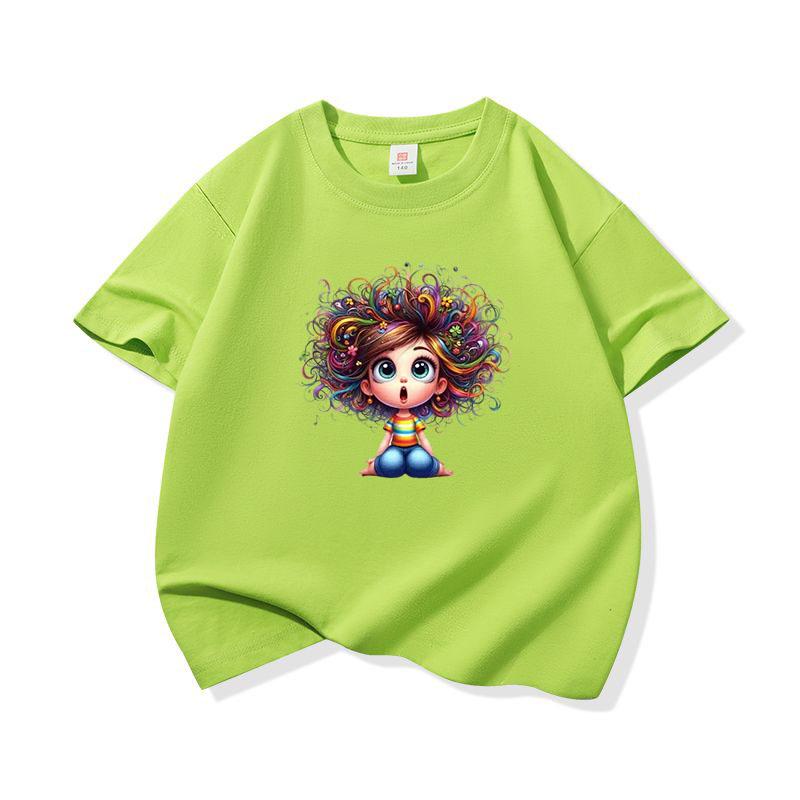 Kids Cotton T Shirt Sitting Girl With Colorful Hair Print Crew Neck Short Sleeve Tee Casual Boys Girls Summer Tops