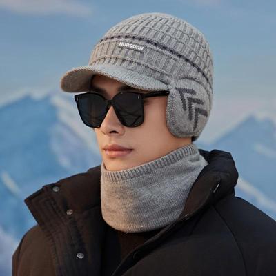 Men's Korean Style Winter Wool Hat & Scarf Set with Velvet Earmuffs - Warm for Outdoor Cycling.