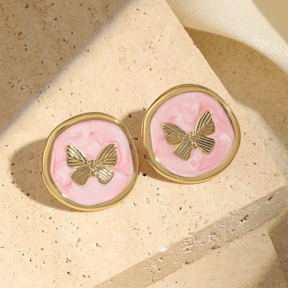 Htpwe Stainless Steel Dripping Round Butterfly Stud Earrings Women 18k Gold Couple Holiday Gift Earrings Party Daily Zircon