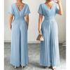 Women's V Neck Short Sleeve High Waist Pleated Jumpsuit Casual Wide Leg Pantsuit