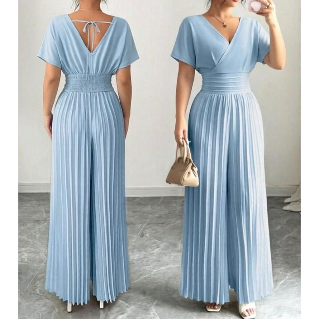 Women's V Neck Short Sleeve High Waist Pleated Jumpsuit Casual Wide Leg Pantsuit