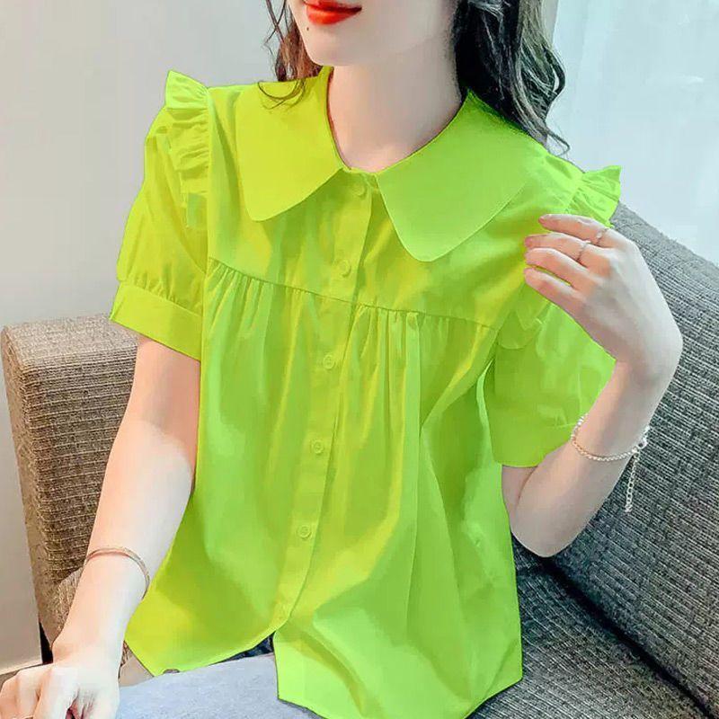 Women's Short Sleeved Chiffon Shirt Loose Doll Collar Shirt Top