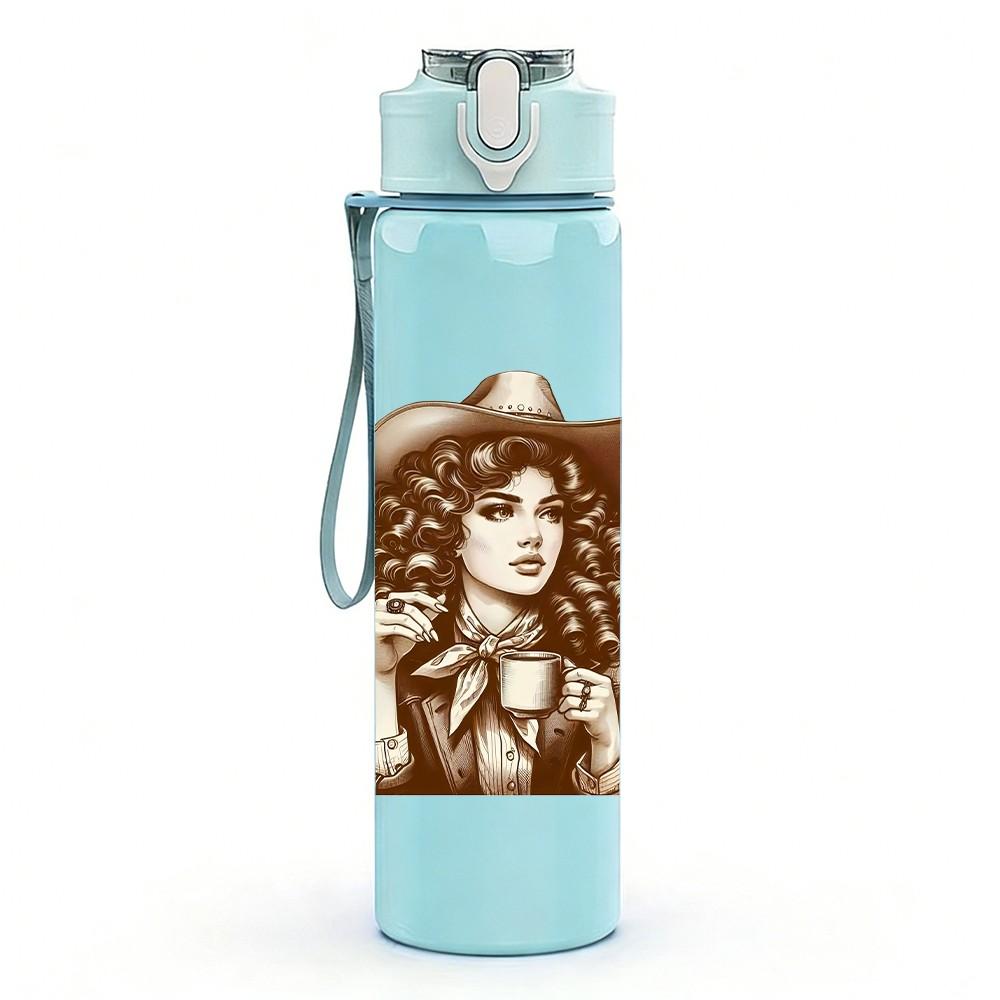 1PC Western Cowgirl Lady 750ml Color Plastic Sports Water Bottle Leakproof Flip Straw Lid Suitable for Sports Office Home Use