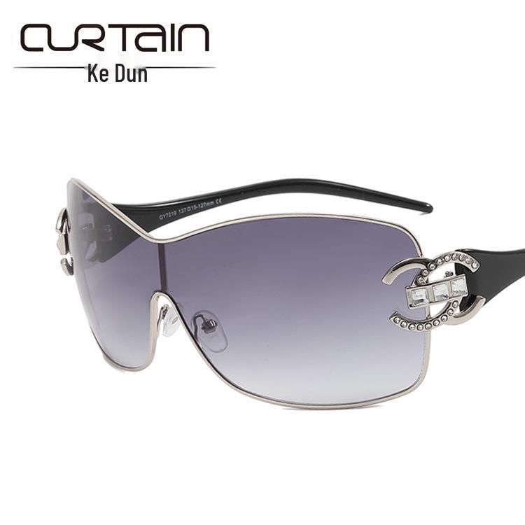 2022 Women's Frameless Rhinestone Fashion Sunglasses, One-Piece Large Frame Design