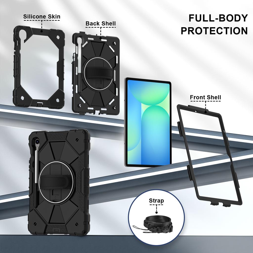For Samsung Galaxy Tab S10 FE/S9 FE/S9 Case Silicone+PC Kickstand Tablet Cover with Handy Strap