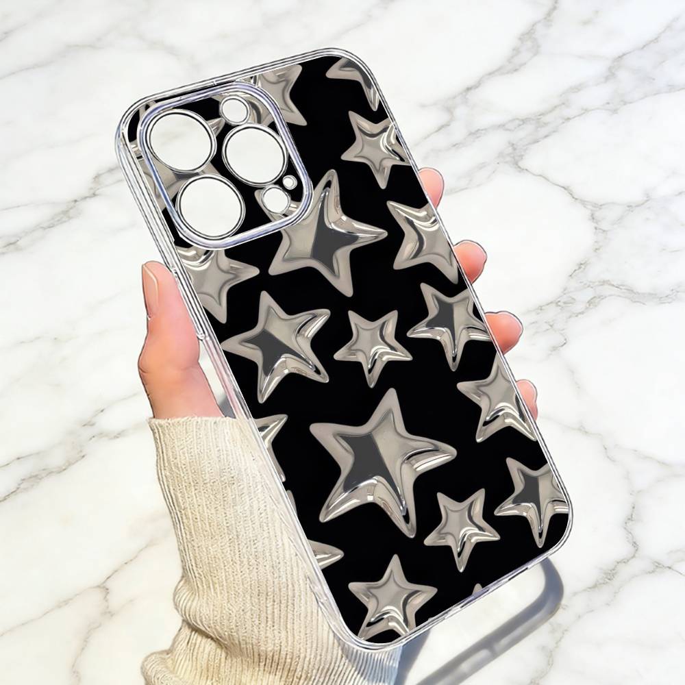 Leopard Print Cherry Star Phone Case For iPhone 17 16 15 14 13 12 11 Mini Pro Max Plus Transparent Cover iPhone14Plus