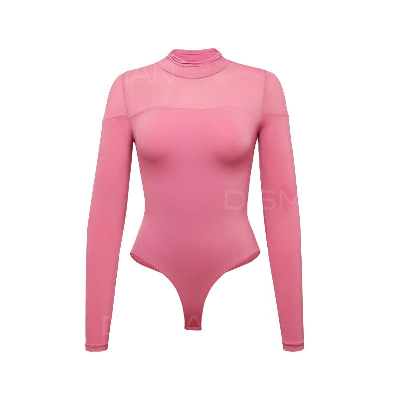 Sexy Mesh Patchwork Slim-Fit Bodysuit with High Neck and Long Sleeves