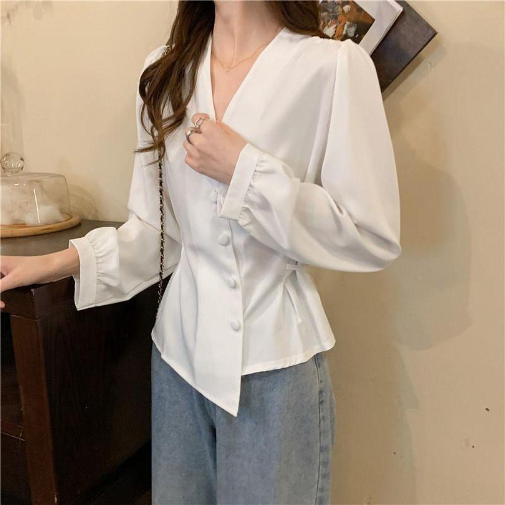 Waist-cinching Long Sleeve Shirts Slim Fit Button Up Blouse Puff Sleeve Shirt  Spring Autumn