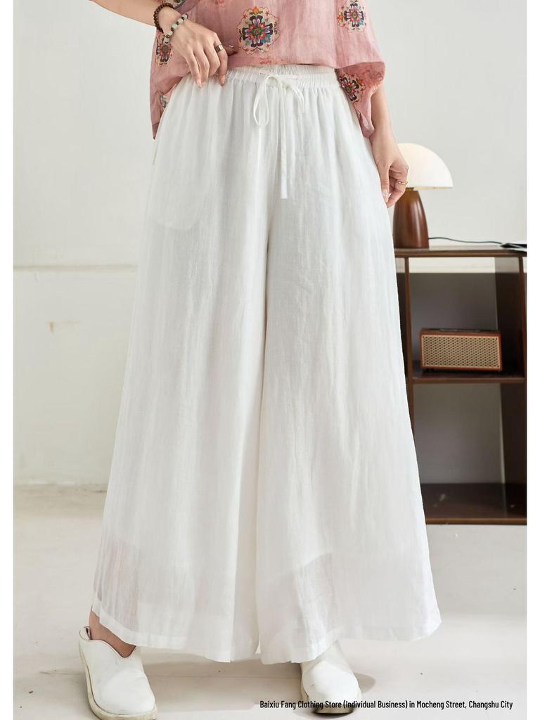 Linen Wide-Leg Pants - Spring 2026: Comfortable, Elastic Waist, Retro Artistic Style, Solid Color, Casual.