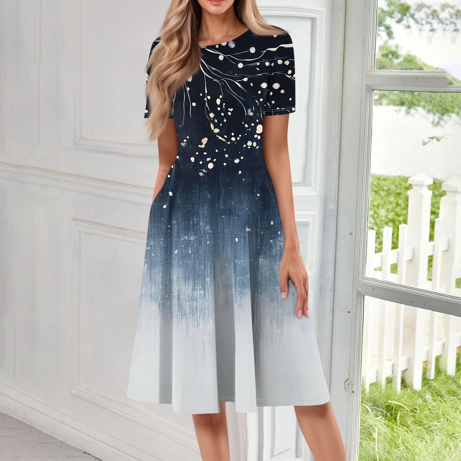 

Женское свободное повседневное и модное платье с круглым вырезом и короткими рукавами, средней длины с принтом S тёмно-синий